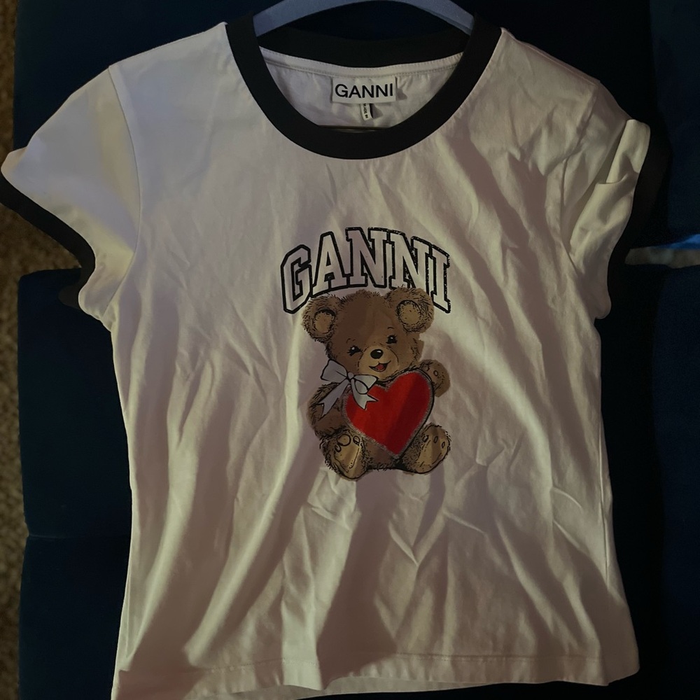 Ganni White and Brown Short Sleeve Tee with Collegiate Teddy Bear Design
